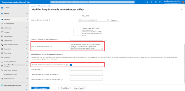 Capture d’écran du bas du champ de mise en surbrillance de l’onglet Formulaire de connexion par défaut du panneau Modifier le formulaire de connexion par défaut pour personnaliser le texte de la page de connexion et la case à cocher Afficher la réinitialisation de mot de passe en libre-service activée.