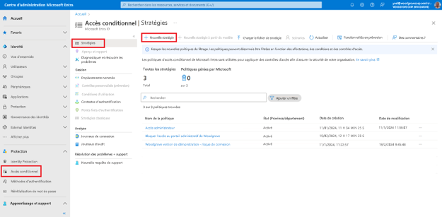 Capture d’écran du panneau Accès conditionnel avec navigation à gauche mettant en évidence les stratégies et le bouton intitulé Nouvelle stratégie dans la barre d’outils.
