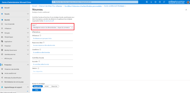 Capture d’écran du panneau Nouvelle stratégie d’accès conditionnel mettant en évidence le champ d’entrée de texte Nom.