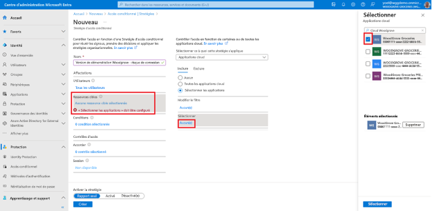 Capture d’écran du panneau Nouvelle stratégie d’accès conditionnel mettant en évidence Ressources cibles avec l’onglet Inclure et la sélection de l’application Woodgrove Groceries dans le volet Sélectionner des applications cloud ouvert à droite.