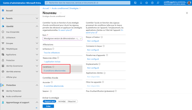 Capture d’écran du panneau Nouvelle stratégie d’accès conditionnel mettant en évidence Conditions.