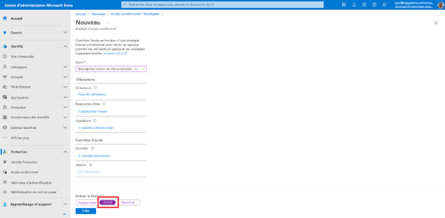 Capture d’écran du panneau Nouvelle stratégie d’accès conditionnel mettant en évidence Activé pour Activer la stratégie en bas.