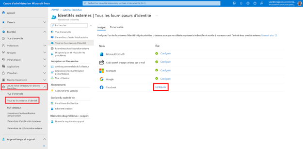 Capture d’écran du panneau Identités externes Tous les fournisseurs d’identité avec un lien intitulé Configurer mis en surbrillance en regard de Facebook parmi la liste des options du fournisseur d’identité.