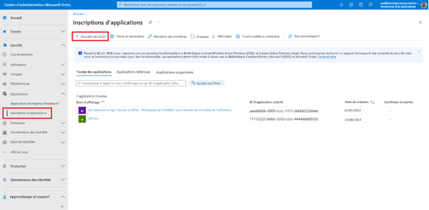 Capture d’écran du panneau Inscriptions d’applications avec un bouton intitulé Nouvelle inscription mise en évidence.
