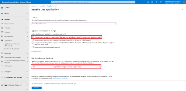 Capture d’écran du panneau Inscrire une application avec Comptes dans cet annuaire organisationnel uniquement mis en évidence pour Qui peut utiliser cette application ou accéder à cette API ? et l’URI de redirection est mis en évidence et défini sur Web, ainsi que l’URL vers laquelle rediriger l’utilisateur une fois qu’il a réussi son authentification.