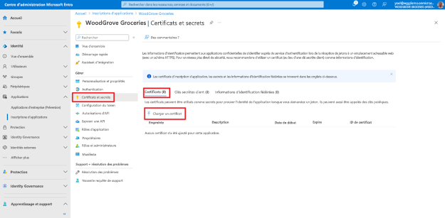 Capture d’écran du panneau Certificats et secrets sous Inscriptions d’applications où il y a zéro certificat et mise en évidence d’un bouton intitulé Charger le certificat.