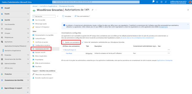 Capture d’écran des autorisations d’API sous Inscriptions d’applications avec un bouton intitulé Ajouter une autorisation mis en évidence.