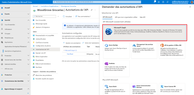 Capture d’écran du volet Demander des autorisations d’API ouvert à droite avec un groupe de choix intitulé Microsoft Graph mis en évidence.