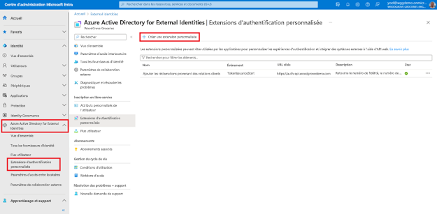 Capture d’écran du panneau Extensions d’authentification personnalisées dans Identités externes mettant en évidence un bouton dans la barre d’outils intitulé Créer une extension personnalisée.