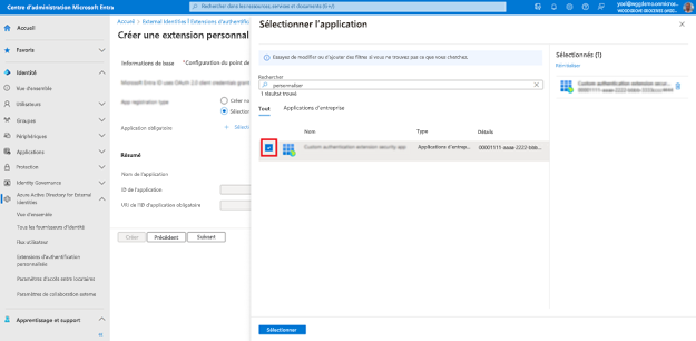 Capture d’écran du volet Sélectionner une application ouvert à droite qui met en évidence une application intitulée Application de sécurité de l’extension d’authentification personnalisée cochée.