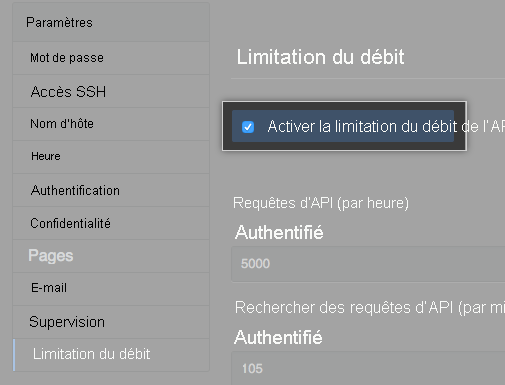 Capture d’écran de la console de gestion définissant les limites de débit de l’API.