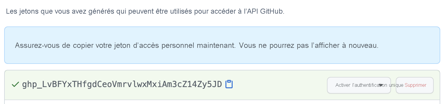 Capture d’écran d’un exemple de jeton d’accès personnel GitHub.