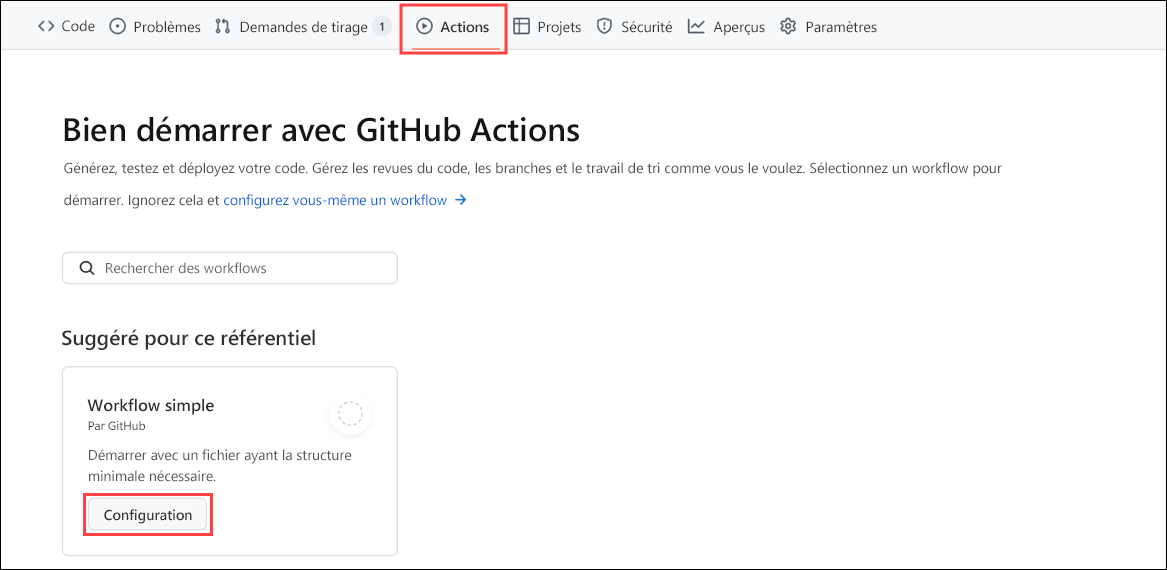 Capture d’écran de l’*onglet Actions* de GitHub Actions affichant un workflow simple et un bouton permettant de configurer ce workflow.