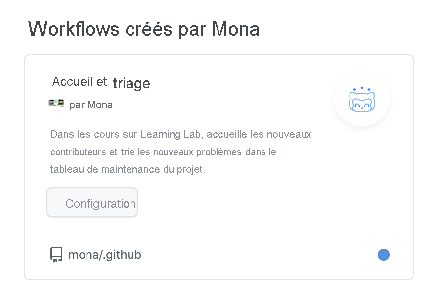 Capture d'écran d'un modèle de flux de travail appelé Accueil et triage par Mona.