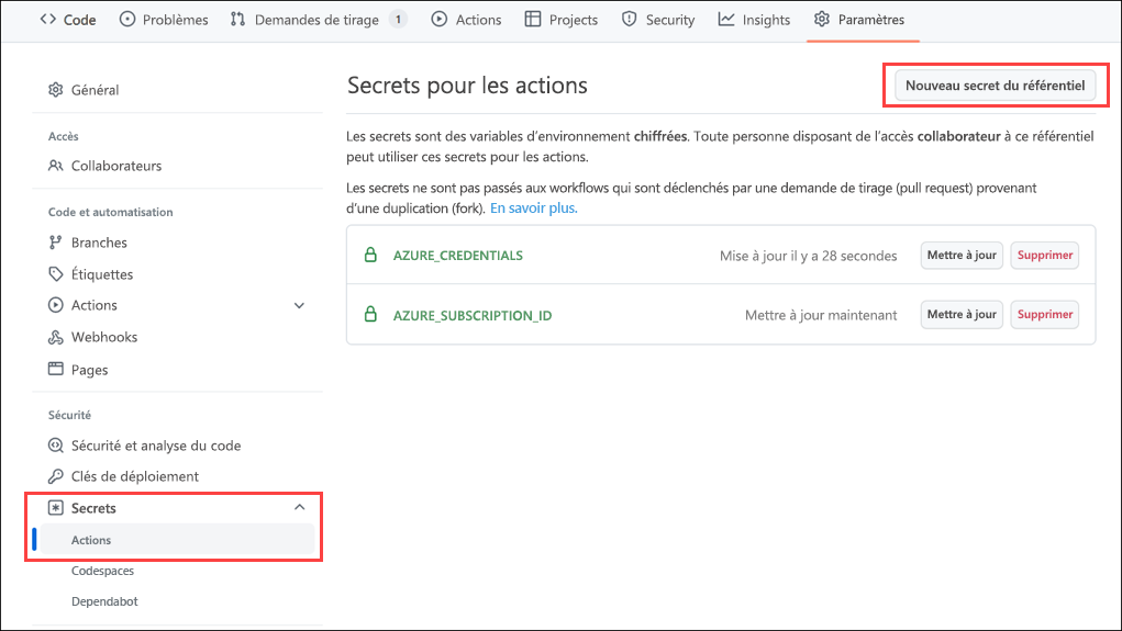 Interface du portail Azure pour la création d’un secret.