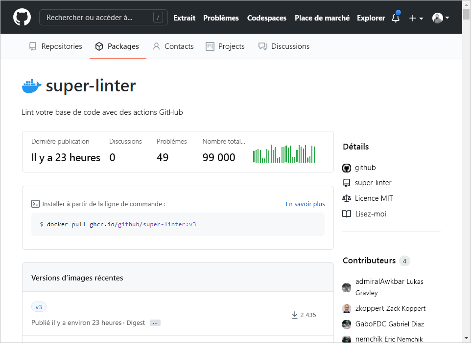 GitHub container image page, with image versions listing, statistics and instructions about how to install it.