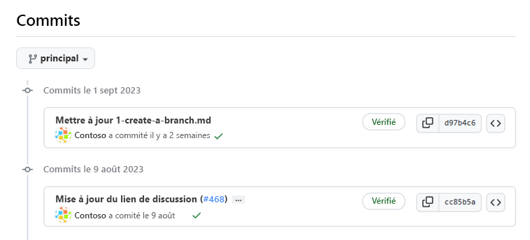 Capture d’écran de la liste de validations GitHub vers une branche principale.