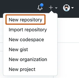 Capture d’écran du menu déroulant du signe plus dans le coin supérieur droit de GitHub.com, où la première option est celle de Nouveau référentiel.