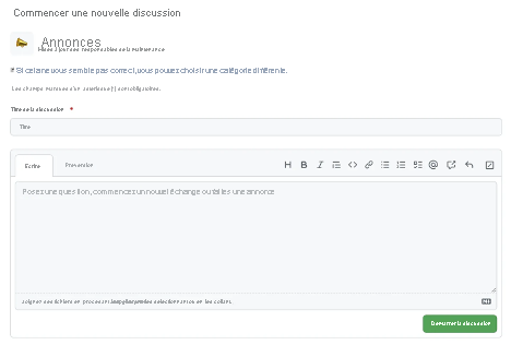 Une capture d’écran du démarrage d’une nouvelle page de discussion avec la zone de titre discussion et la zone de contenu vides.