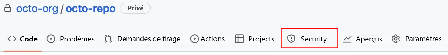 Capture d’écran montrant où localiser l’onglet Sécurité dans GitHub.