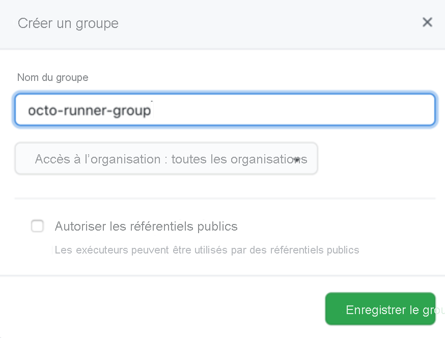 Capture de l’écran Nouveau groupe avec un exemple de nom de groupe pour toutes les organisations.