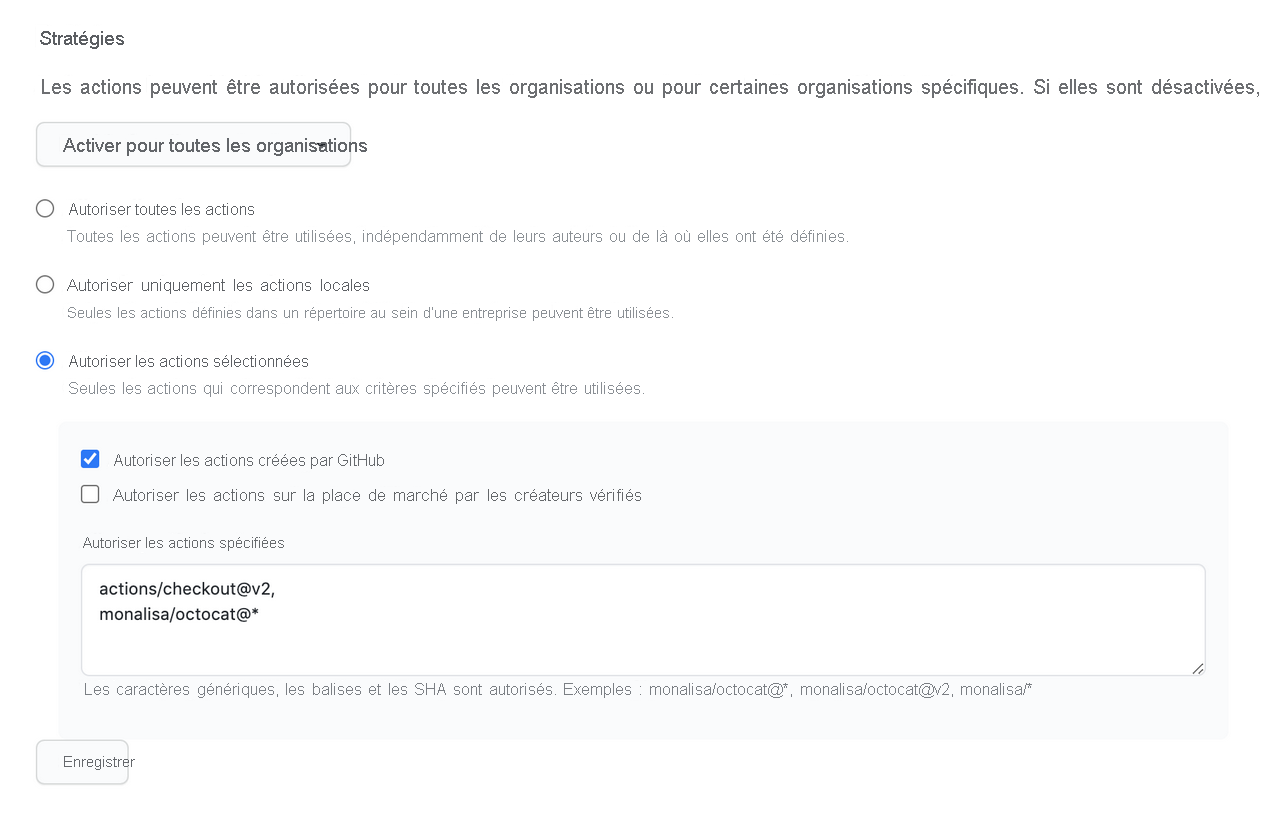 Capture de l’écran Actions avec l’option Autoriser certaines actions sélectionnée.