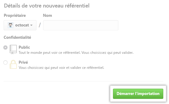 Capture d’écran du bouton Commencer l’importation pour une nouvelle importation de dépôt.