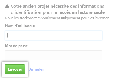 Capture d’écran de l’emplacement d’entrée de l’importateur d’informations d’identification de votre ancien dépôt.