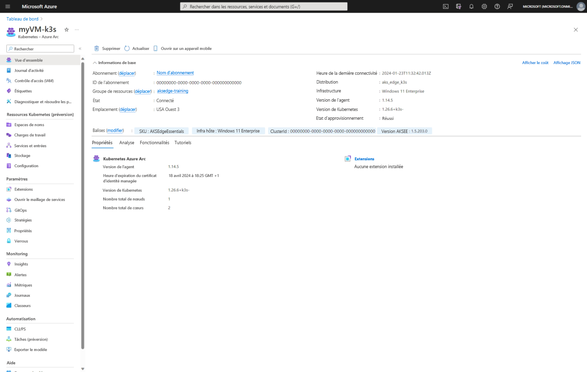 Screenshot of AKS Edge Essentials Kubernetes Azure Arc resource in Azure portal.