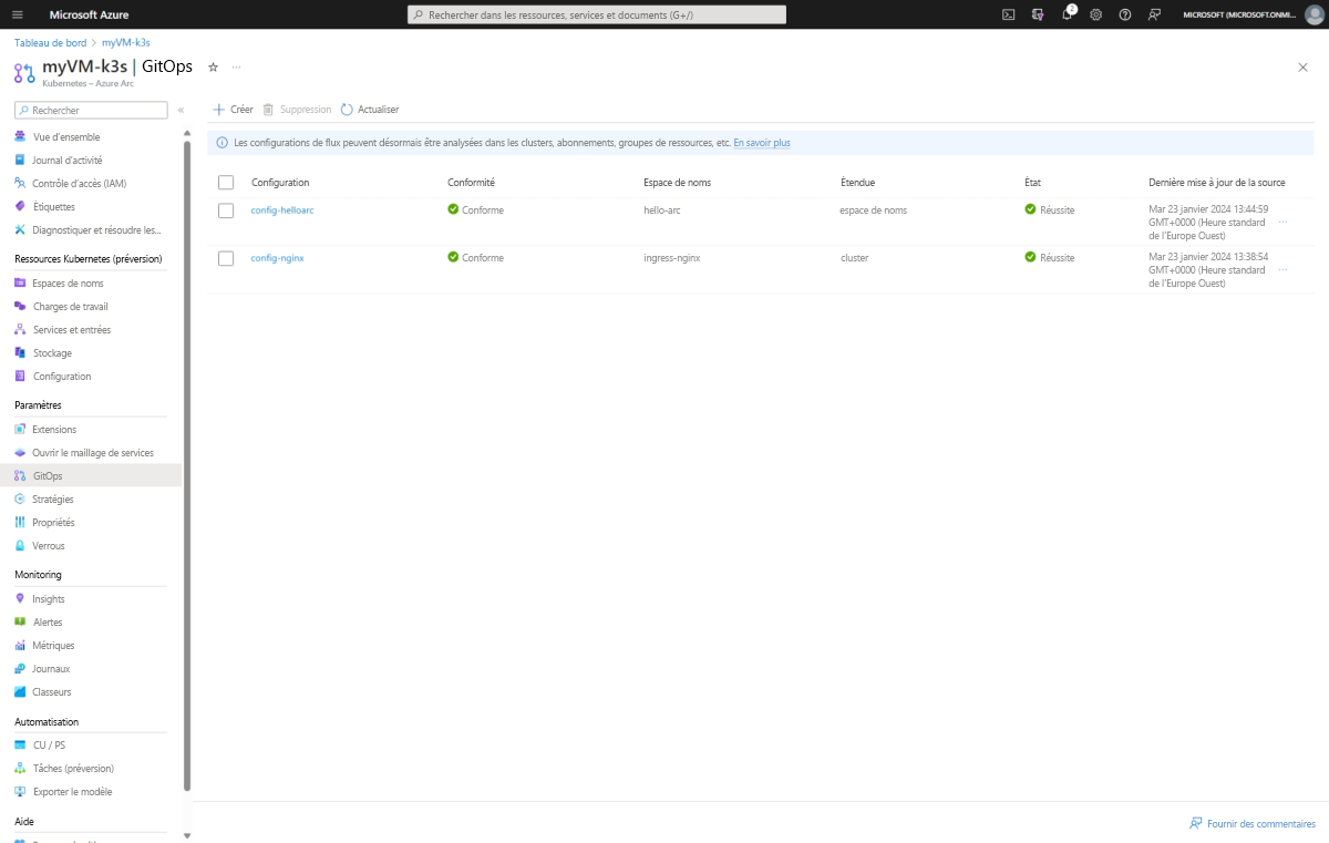 Screenshot of cluster-level and namespace-level configurations in Azure portal.