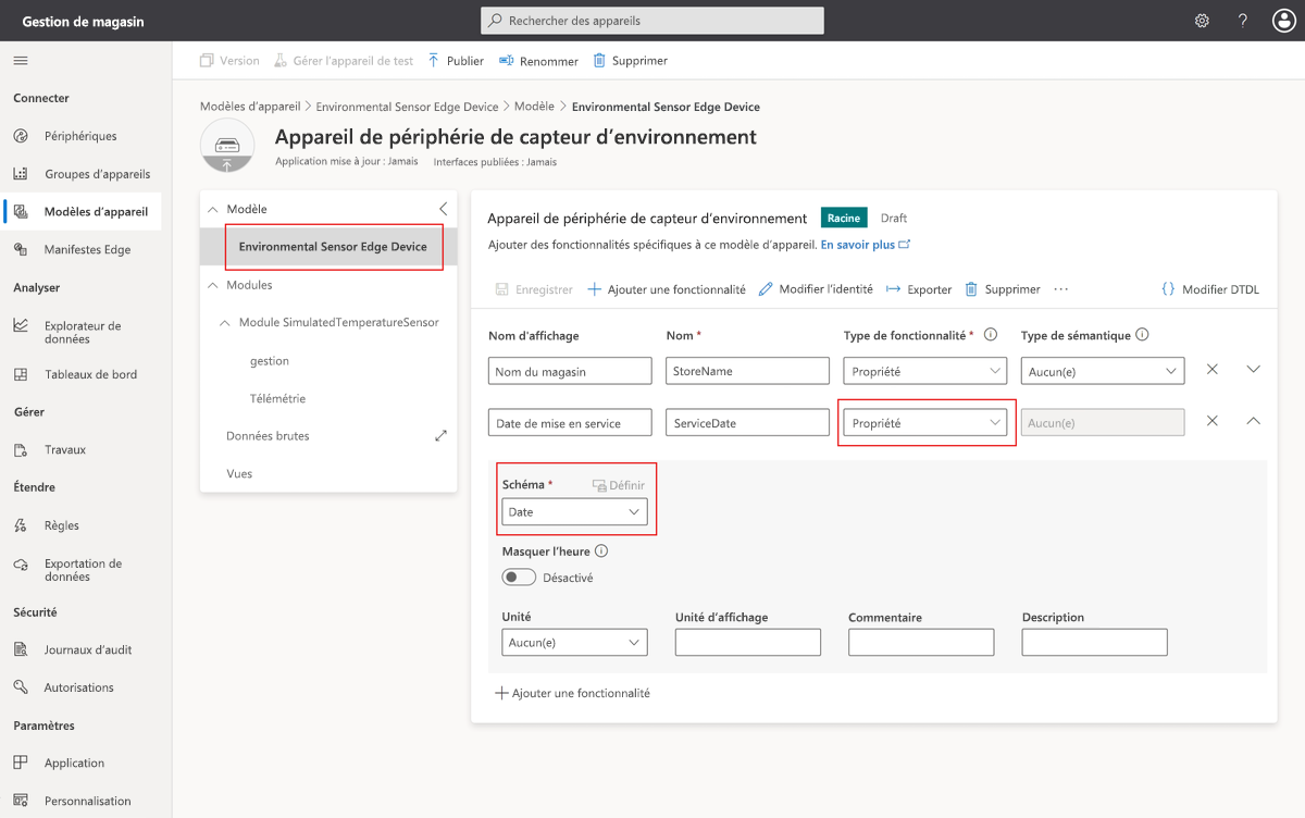 Capture d’écran montrant les propriétés du cloud dans le modèle d’appareil.