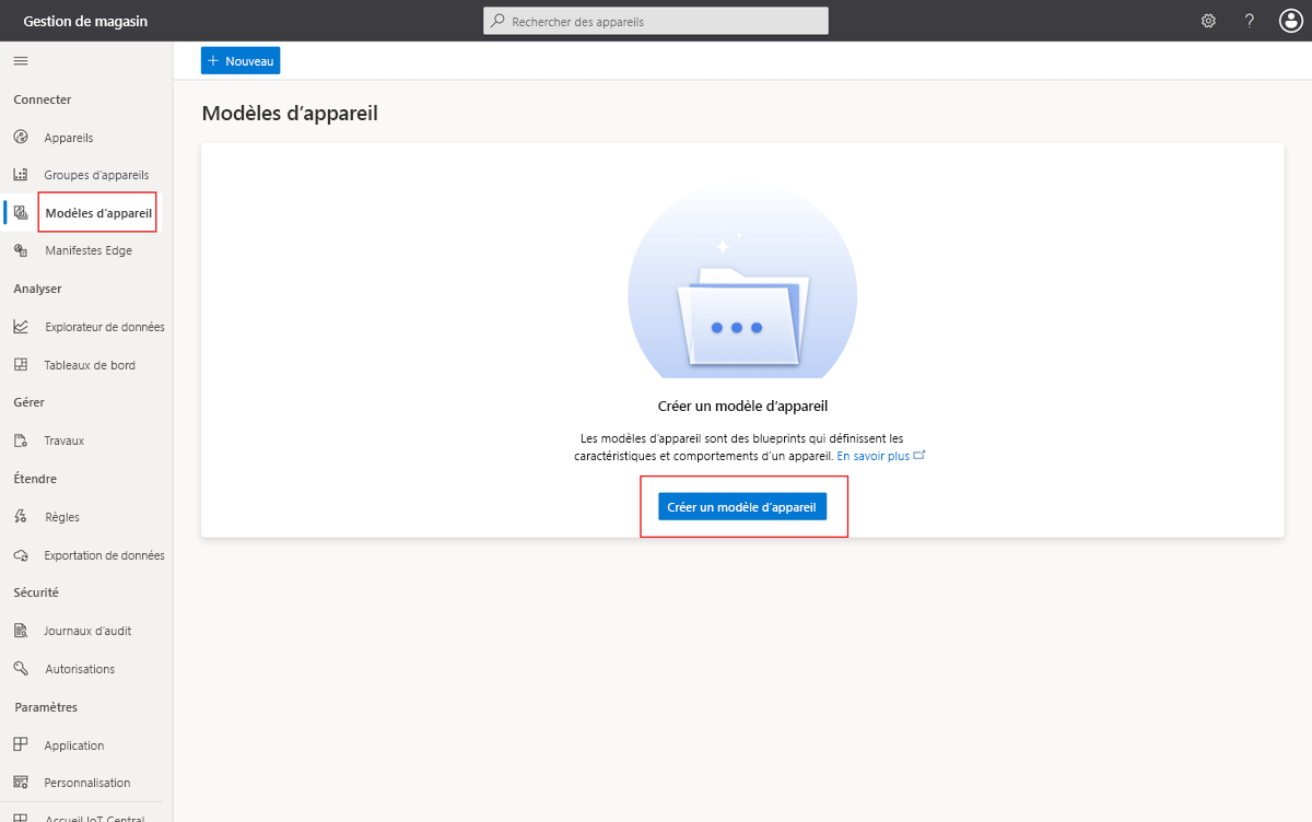 Capture d’écran montrant la page Modèles d’appareil dans laquelle vous gérez les modèles dans votre application Azure IoT Central.
