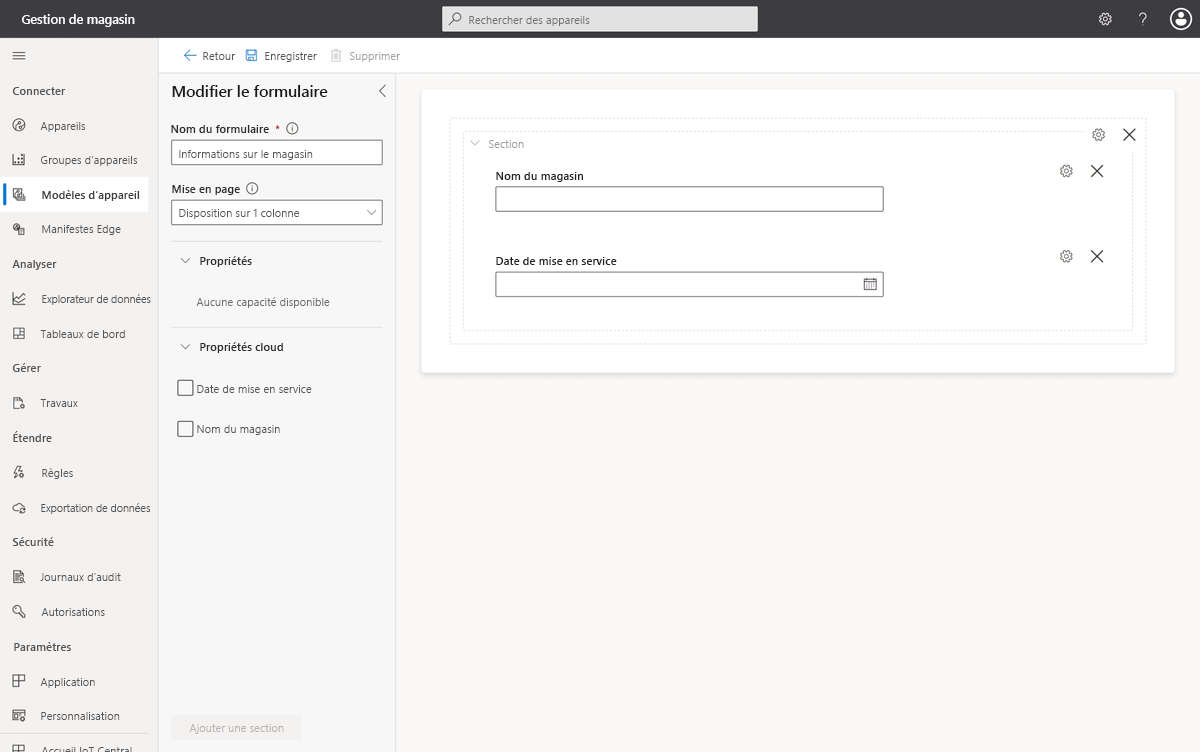 Capture d’écran qui montre la définition de formulaire de propriété cloud.