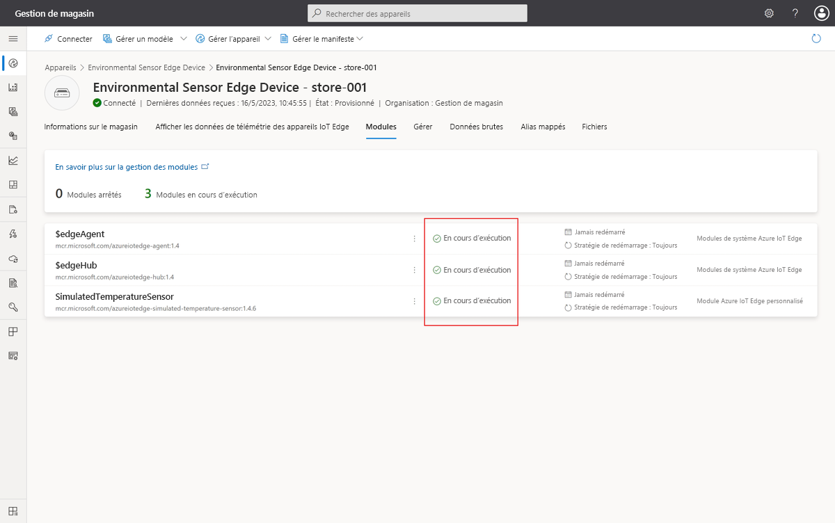 Capture d’écran montrant trois modules en cours d’exécution sur l’appareil IoT Edge.