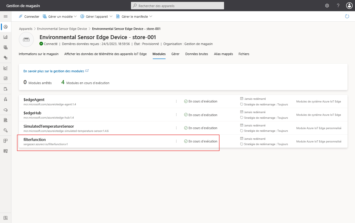 Capture d’écran montrant le module FilterFunction en cours d’exécution sur l’appareil IoT Edge.