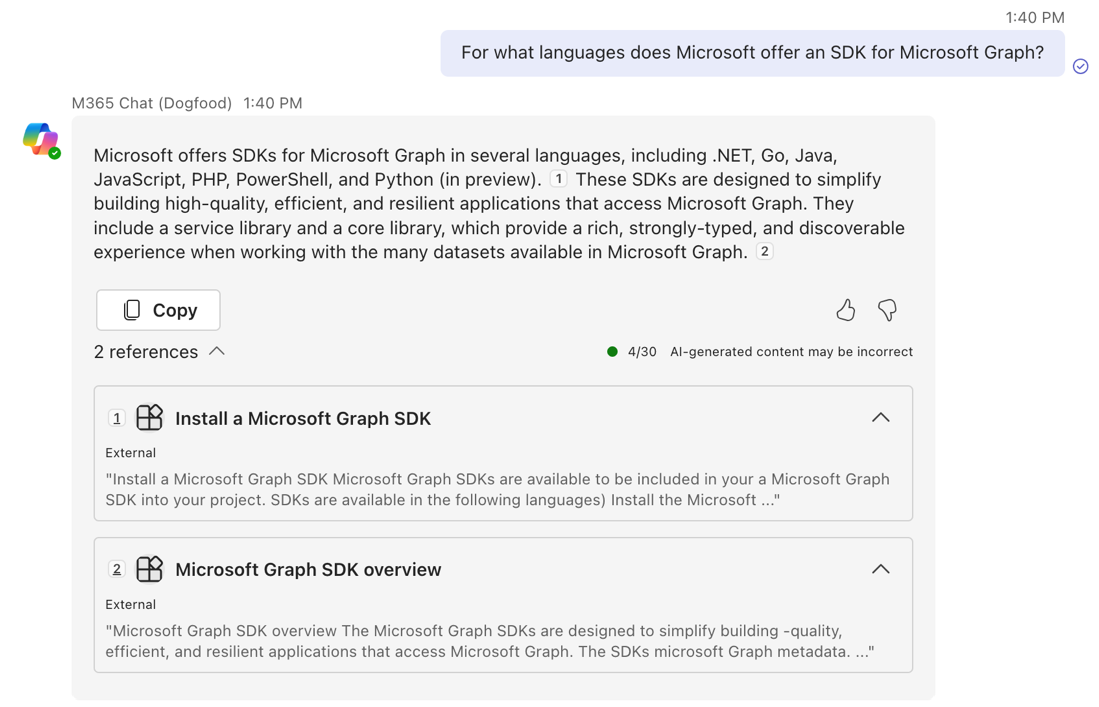 Capture d’écran de la deuxième réponse de Microsoft 365 Copilot affichée dans une conversation dans Microsoft Teams.