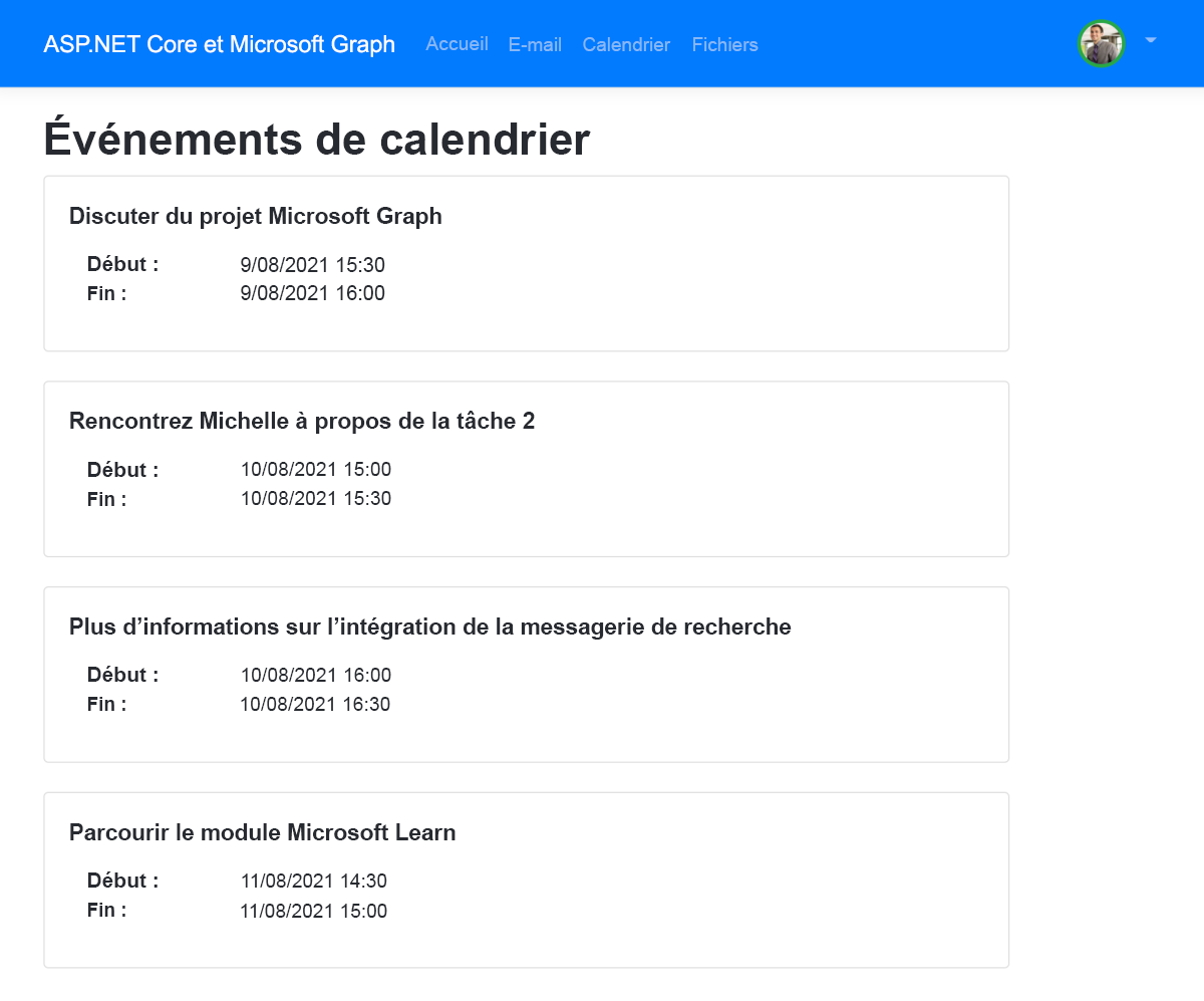 Page affichant les événements de calendrier.