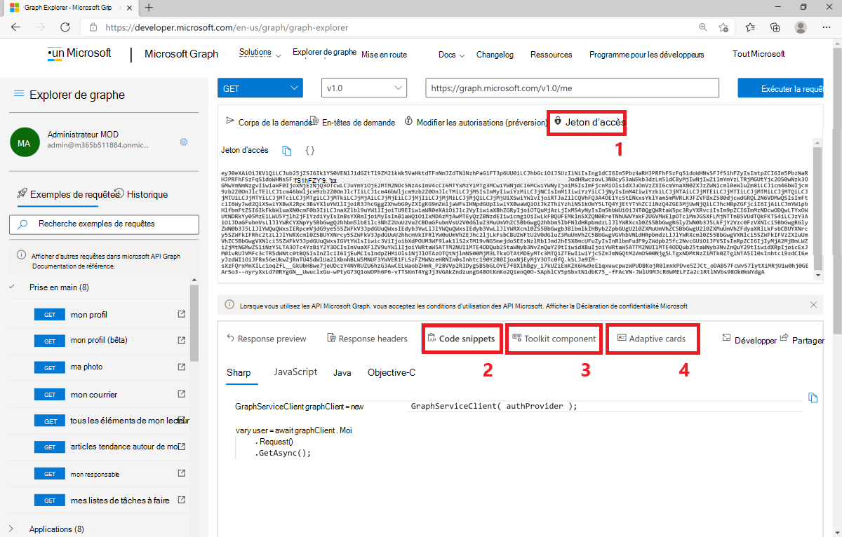 Capture d’écran affichant comment utiliser Microsoft Graph dans vos applications à l’aide de l’afficheur Graph.