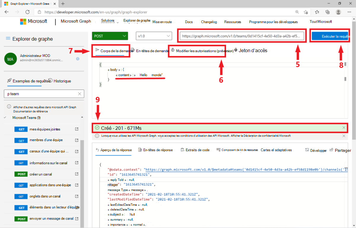 Capture d’écran montrant le résultat de la requête de publication dans l’Afficheur Microsoft Graph.