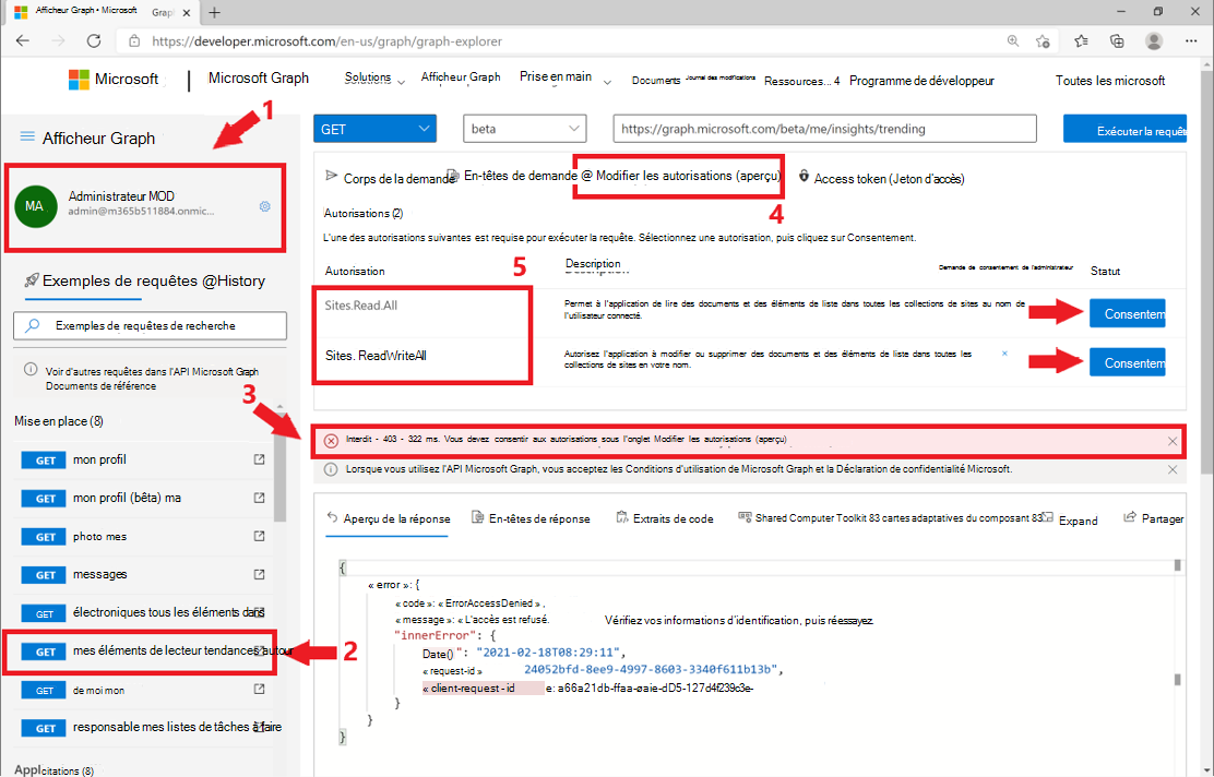 Capture d’écran indiquant comment tester des requêtes avec votre propre compte dans l’afficheur Graph.