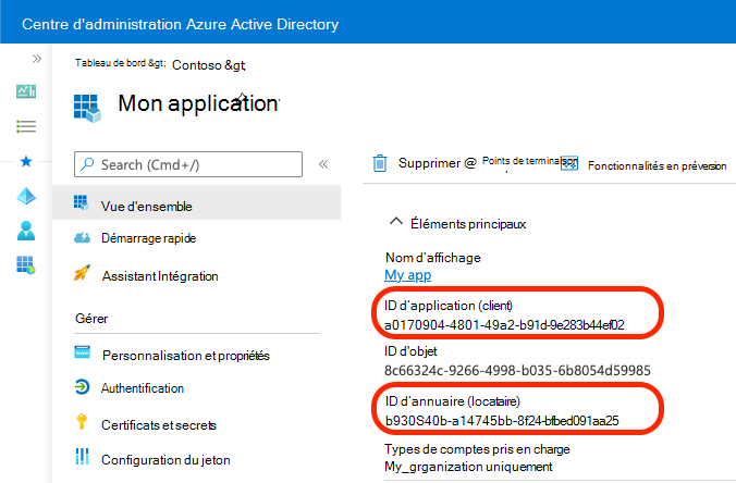 Capture d'écran indiquant comment copier les identifiants des applications et d'annuaires.