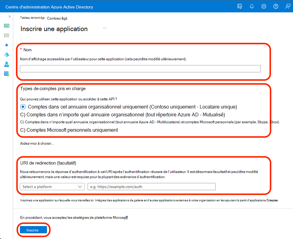 Capture d’écran montrant les sélections pour l’inscription d’une application auprès de l’ID Microsoft Entra.