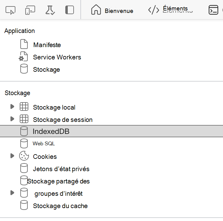 Capture d’écran de la section IndexedDB sans données mises en évidence dans les outils de développeur du navigateur