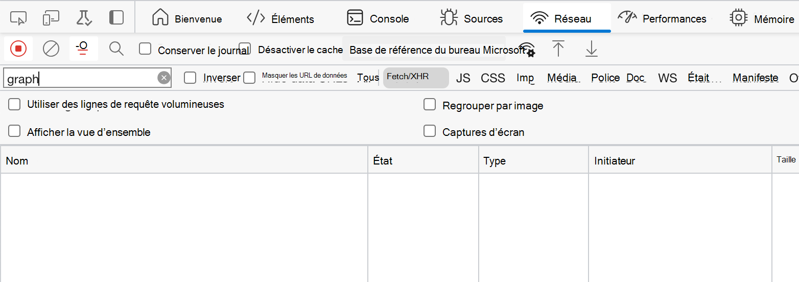 Capture d’écran affichant l’onglet Réseau sans demandes ouvertes dans les outils de développeur du navigateur
