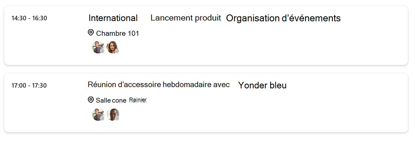 Capture d’écran de la liste des réunions à venir rendue par le composant Agenda du Kit de ressources Microsoft Graph.