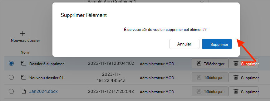 Capture d’écran montrant la fonctionnalité de suppression des éléments d’un conteneur.