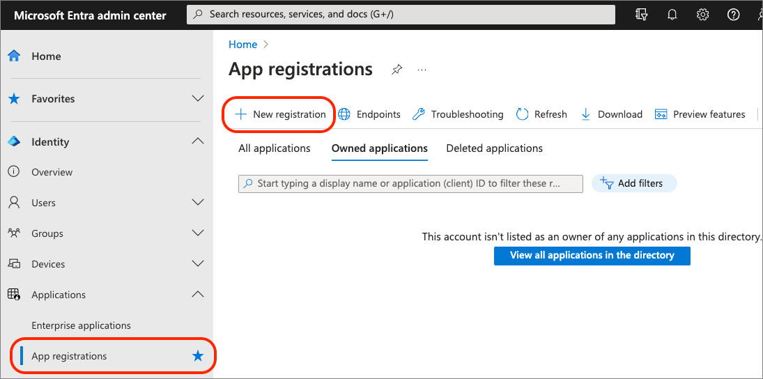 Capture d’écran du centre d’administration d’ID Microsoft Entra pour les inscriptions d’applications