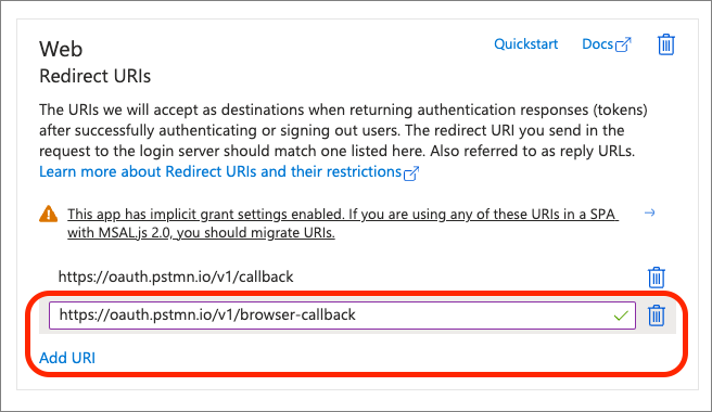 Capture d’écran ajoutant un deuxième URI de redirection à la plateforme web.