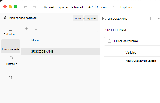 Capture d’écran du nouvel environnement Postman.