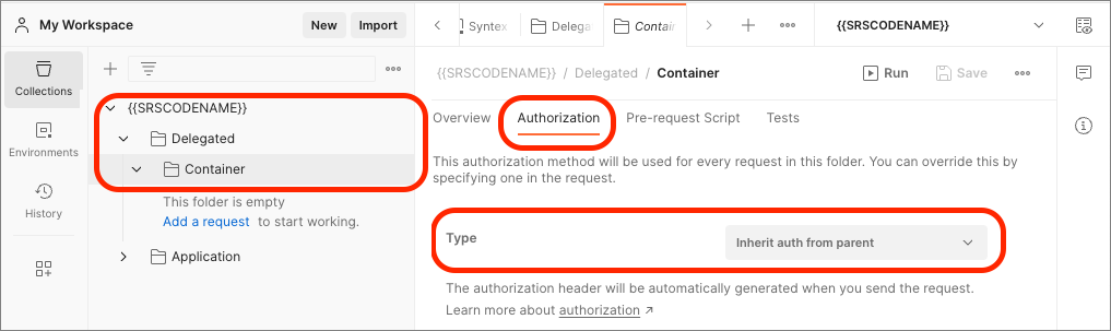 Capture d’écran de la configuration d’authentification du dossier Délégué dans Postman.